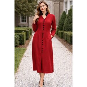 Vintage Red Midi Dress Black Velvet Collar Buttons 80s Power Dress Size Large